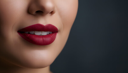 Obraz premium Luxurious Deep Red Lipstick Adornment on Woman's Lips, Exuding Confidence, Style, and Beauty for Glamorous Marketing Campaigns