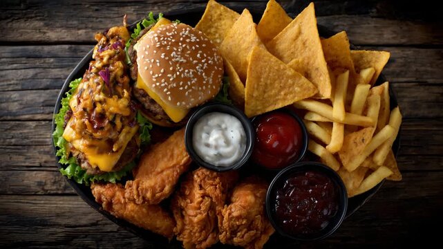 26Top-down cinematic view of fast food assortment, greasy burgers, crispy fries, fried chicken, nachos, dipping sauces arranged in a circle, textured wooden tabletop enhancing contra