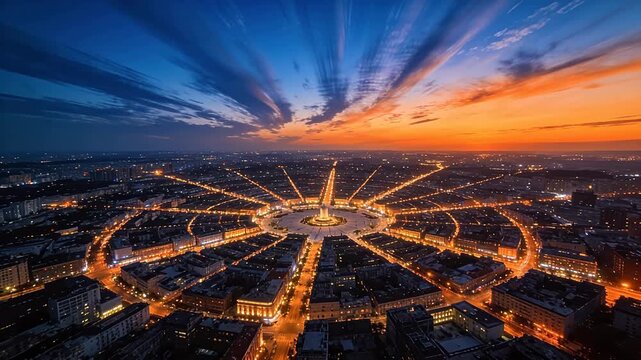 Night aerial view of city square with radial roads and monument light trails