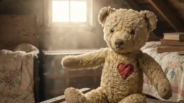 Adorable vintage teddy bear with heart patch sits and moves in dusty attic, soft toy concept for Valentines day gift.