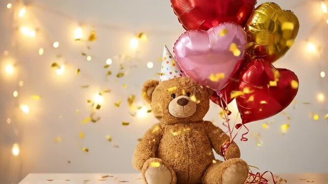A teddy bear wearing a party hat with heart shape balloons and falling confetti for celebration or birthday.