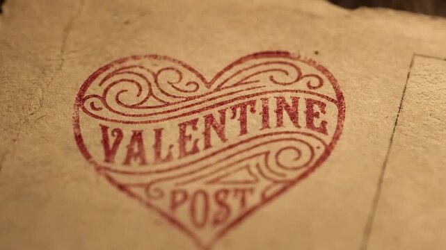 Close up of Valentine post heart stamp on aged paper with blank stamp box, nostalgic love letter or congratulation concept.