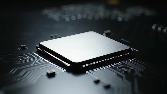 Smooth zoom in of microchip on electronic circuit board with intricate details and dark background
