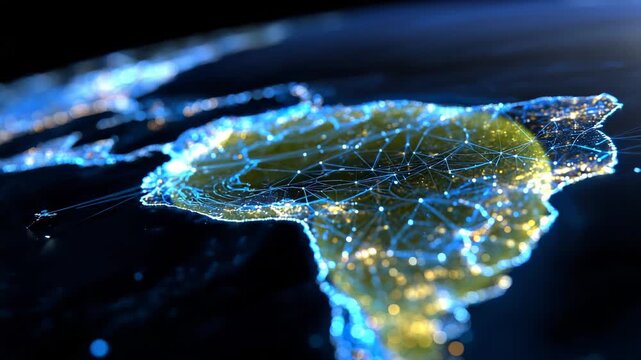 44Abstract digital map of South America formed by glowing network lines and nodes, data streams flowing between major cities, neon blue and cyan palette, dark futuristic background,
