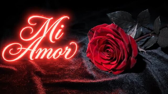 Mi amor glowing text animation with red rose on velvet fabric. Love and romance concept for Valentines Day.