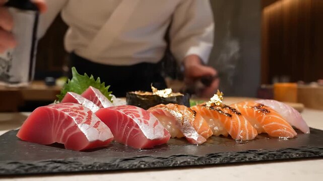 Chef expertly sears sushi and sashimi with a blowtorch, adding gold leaf for a gourmet presentation.