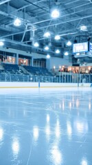 Bright hall with shining surface. Indoor ice rink illuminated by overhead lights. Vacant ice arena featuring gleaming surface and broadcast setup equipment