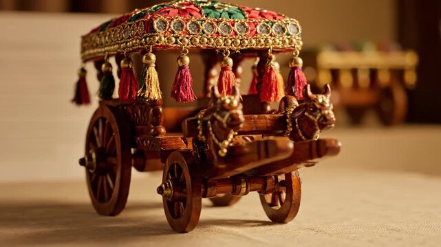 Traditional decorative wooden chariot with colorful tassels and intricate details. The wooden chariot is symbol of cultural heritage, showcasing craftsmanship and artistry.