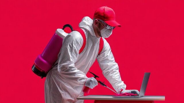 The Sanitization Specialist: A professional in protective gear diligently sanitizes a laptop, highlighting the importance of cleanliness and digital safety.