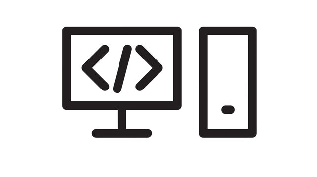 Computer programming icon with desktop monitor showing code brackets and tower PC, minimal black glyph symbol for software development, coding, IT services and technology