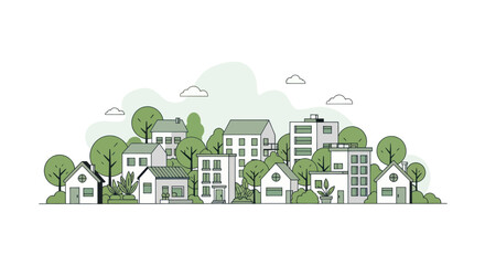 Fototapeta premium Modern Eco-Friendly Neighborhood Illustration with Green Trees and Houses