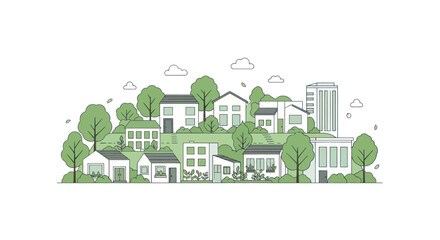 Naklejka premium Charming illustration of a suburban neighborhood with houses, trees, and greenery.