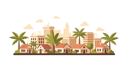 Obraz premium Suburban Neighborhood Skyline View, Houses and Palm Trees with Cityscape Background