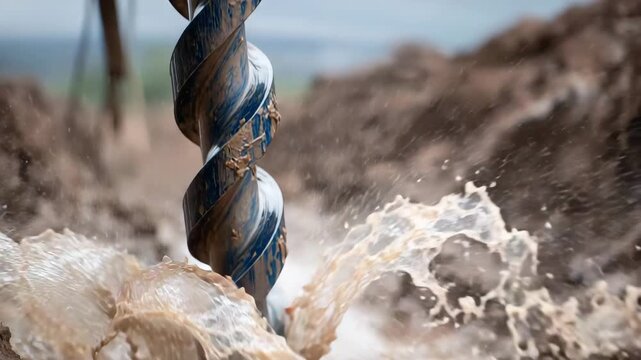 67Close-up industrial shot of drilling machinery during well construction, muddy water flowing around drill rod, soil fragments and grit in motion, raw mechanical energy and developm