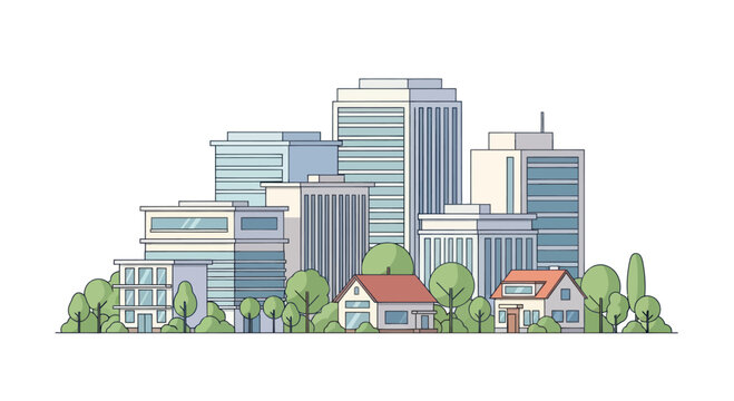 Modern Cityscape with Residential Houses and Green Trees - Flat Design Illustration