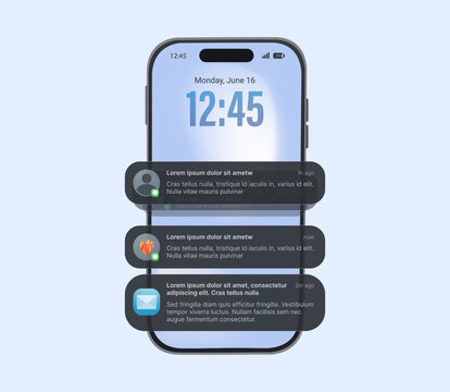 Pop-up push notification template on smartphone screen, vector. Glass theme template mockup. Online chat glassmorphism. Message bubble icons with for smartphone notification center, displaying alerts