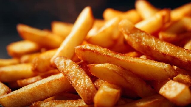 71Cinematic close-up of hot French fries, perfectly sliced potatoes with crunchy edges, steam subtly rising, warm lighting enhancing golden color, unhealthy fast food background aest