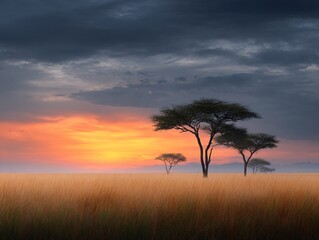 Obraz premium Sunset over african savannah landscape photography nature's beauty tranquil environment wide-angle view