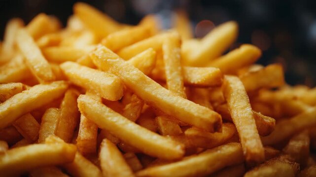75Close-up of hot golden French fries, crunchy edges and soft centers suggested by texture, warm lighting enhancing yellow tones, blurred background for fast food promotional use