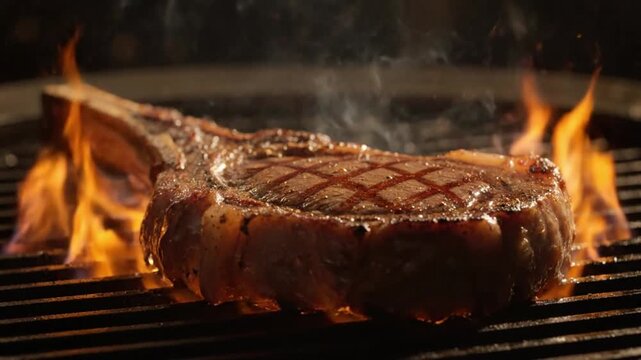 A juicy tomahawk steak is grilled over open flames, creating a delicious and smoky aroma.