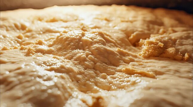 Close-up view of freshly baked bread rising in the oven with soft, fluffy texture and warm, golden light