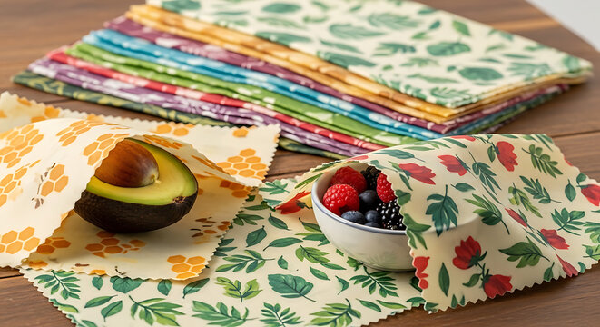 Colorful reusable beeswax food wraps with fruit and vegetable patterns, a sustainable alternative to plastic wrap