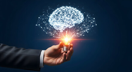 Innovative business idea with glowing lightbulb and brain network