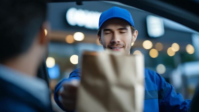 87Over-the-shoulder perspective from inside the car, male fast food employee in cap smiling while offering a paper bag of food, drive-through window illuminated, background softly bl