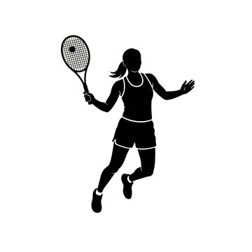 Silhouette of a woman playing tennis, mid-action swing with racket