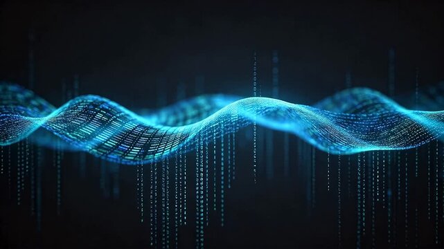 Blue glowing data waveform with falling digital rain in dark space