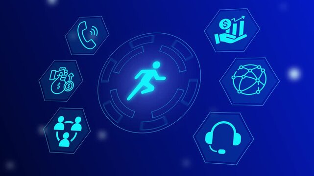 Dynamic Running Man Icon in HUD Interface - Abstract Business Performance Concept with Neon Motion Graphic Elements, Digital Success Progress, and Futuristic Technology Background
