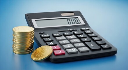 Calculator and gold coins on blue surface representing financial planning and wealth