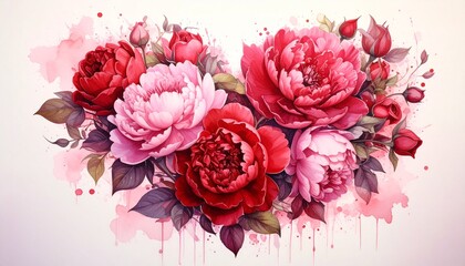 Romantic Watercolor Heart Made of Peonies and Roses