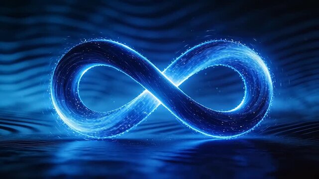 Blue glowing infinity symbol over water reflection
