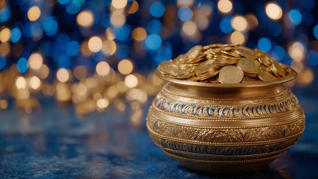 179Close-up of a golden Hindu pot overflowing with shiny gold coins, blurred festive background with soft lights, symbolic of Akshaya Tritiya, prosperity and wealth, cinematic glowing
