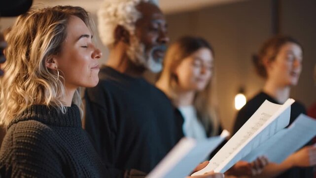 Diverse Community Choir Rehearsal in Cozy Music Room