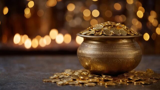 184Golden pot spilling gold coins onto a surface, blurred traditional Indian decorative background, warm ambient light, festive Akshaya Tritiya theme emphasizing fortune and abundance