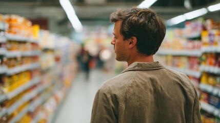 Fototapeta premium Man standing in a supermarket aisle, facing away from the camera. he is wearing a brown jacket and appears to be deep in thought.