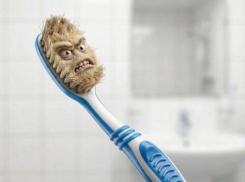 Old dirty toothbrush with angry face character, frayed bristles symbolizing germs and poor hygiene, blurred bathroom background