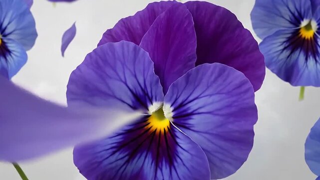 Beautiful purple pansy flowers are floating in the air against a soft, cloudy background, creating a serene and dreamy