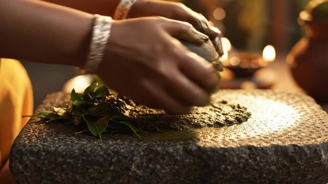 Traditional preparation of herbal paste for puja with fresh leaves being ground on stone mortar. Herbal paste preparation includes vibrant green ingredients, creating the essence of spiritual rituals.