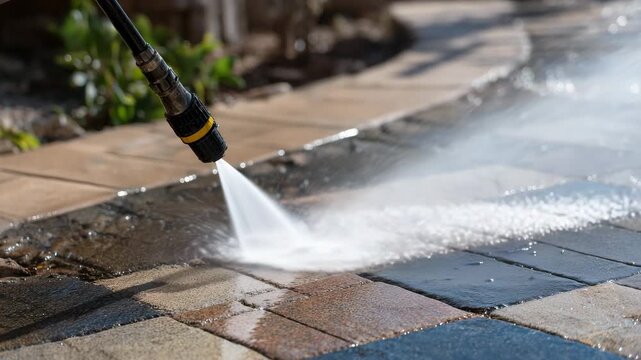 236Close-up of pool deck tiles with high-pressure water stream, sunlight highlighting water droplets, dirt being washed away, clean and dry areas creating contrast, summer outdoor atm