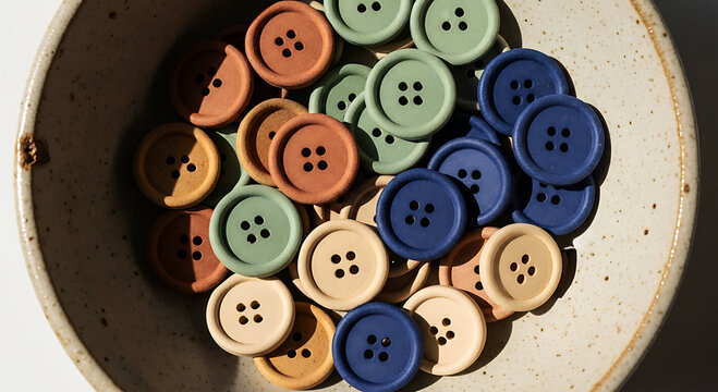 A collection of colorful circular corozo nut buttons arranged in a speckled ceramic bowl