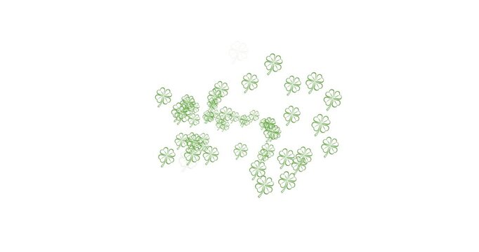 Multiple clover leaves floating and yellow light trails against white background
