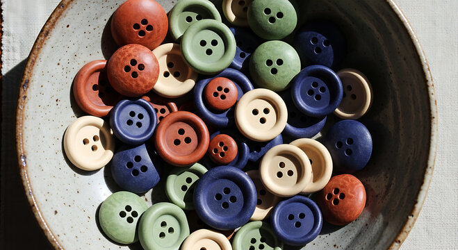 Colorful collection of assorted corozo nut button displayed on a speckled ceramic plate