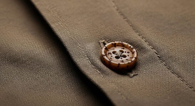Close up of a brown speckled corozo nut button sewn onto a khaki fabric