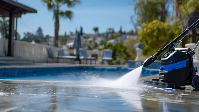 243Close-up dynamic shot of pressure washer in action, water stream removing grime from poolside tiles, wet reflective surfaces, bright sunny backyard, realistic cleaning and maintena