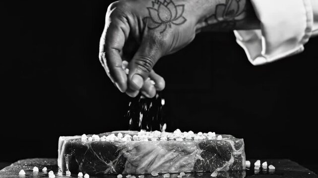 Close-up of a Chef's Hand Salting a Raw Steak for Culinary Presentation in Monochrome