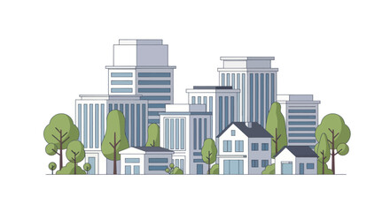 Naklejka premium Modern Cityscape with Green Trees and Diverse Architecture, Flat Design