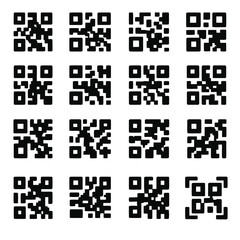 Arrangement of multiple black and white square qr code patterns on a white background